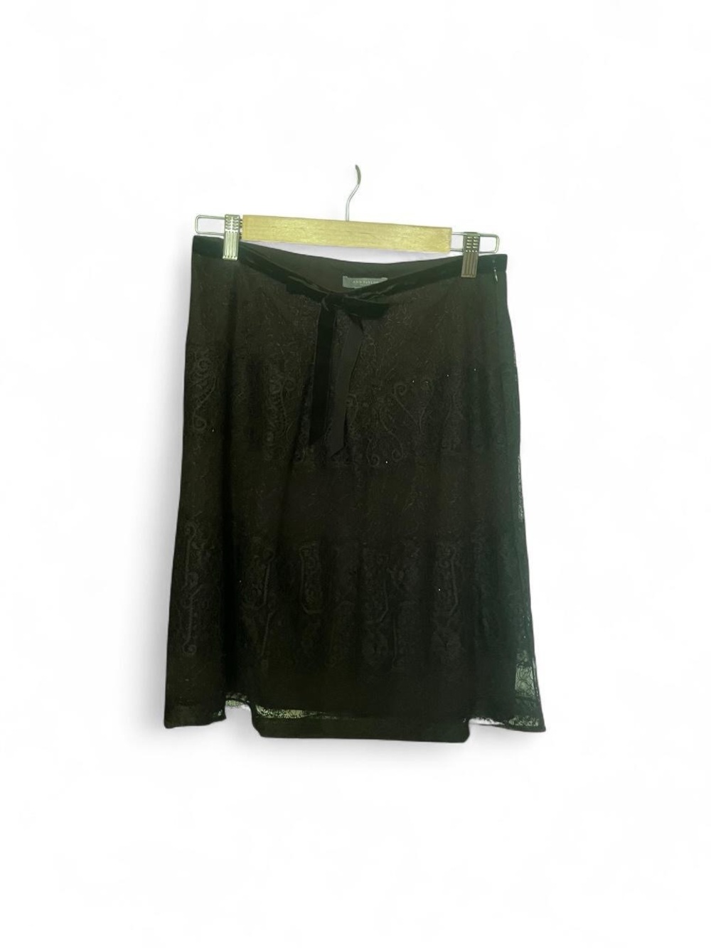 Ann Taylor Black Midi Lace Overlay Skirt with Tie Waist
